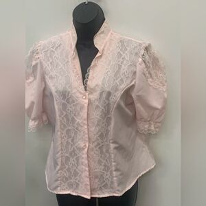 NWOT Cheri Alan Lace Front Button Up Pink Blouse Size Large